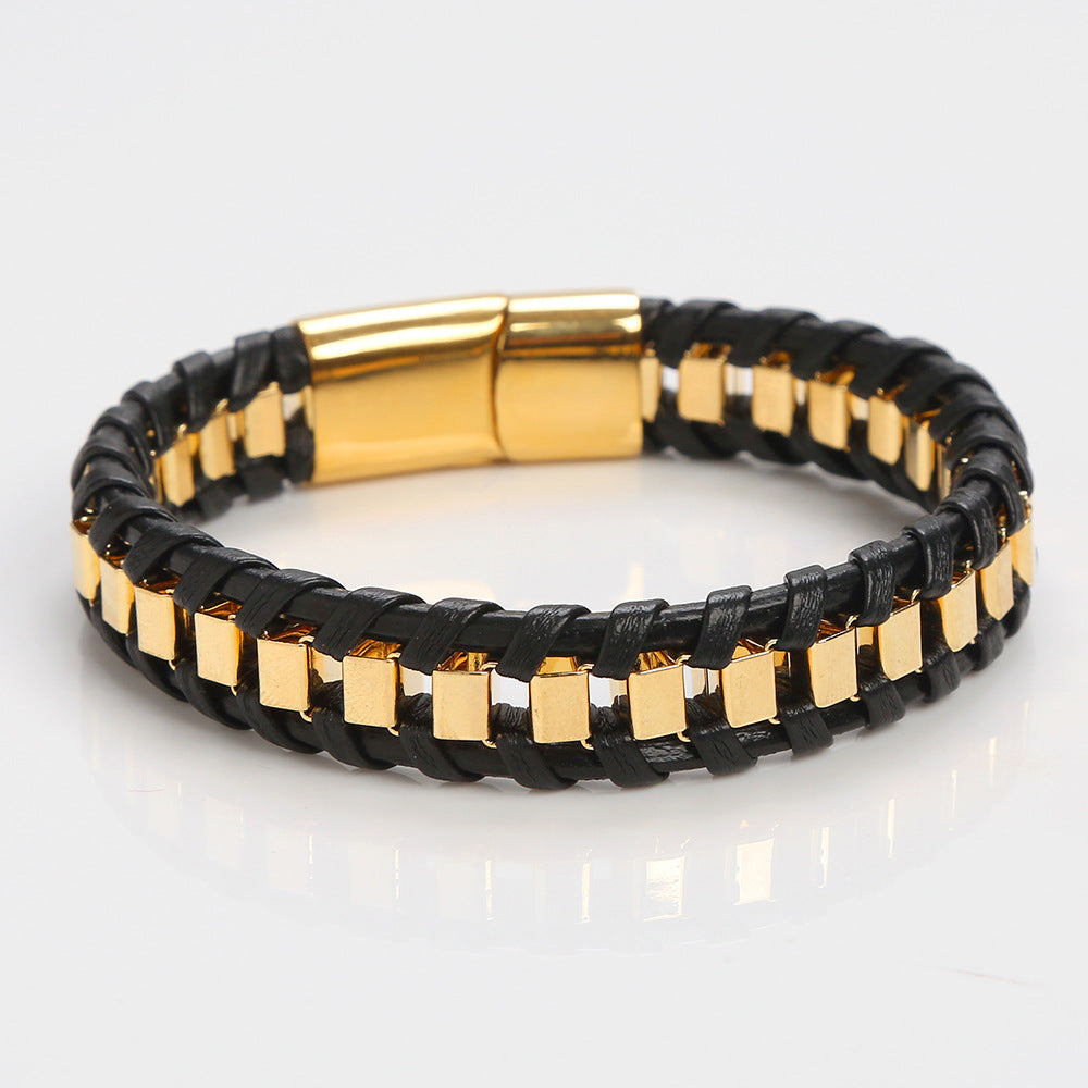 Men's Personality Stainless Steel Woven Leather Vintage Bracelet