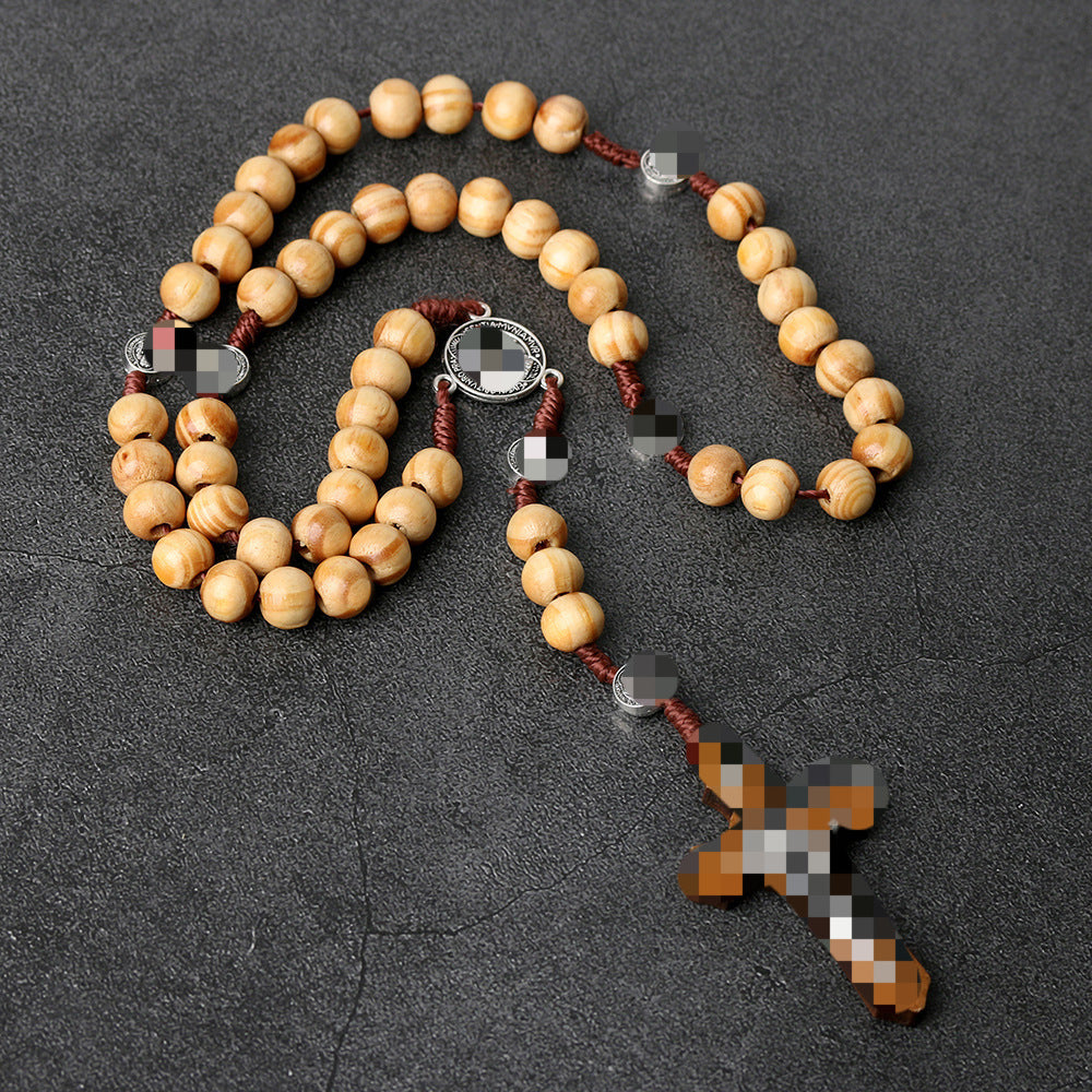 Cross Rosary Hand Knotted Wooden Bead Coffee Necklace