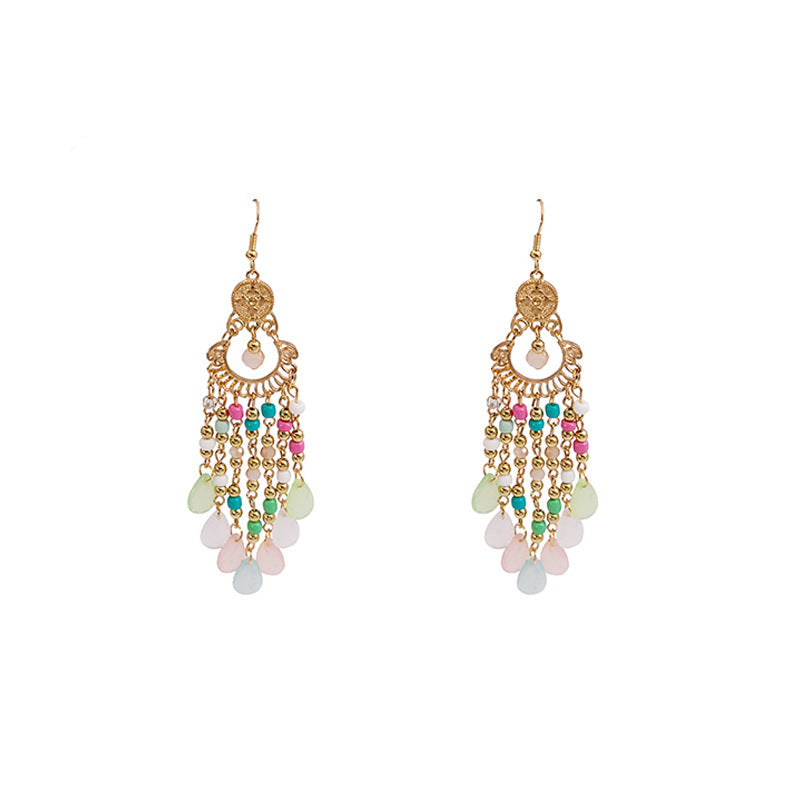 Bead Retro Ethnic Style Colorful Water Drop Tassel Hollow Earrings