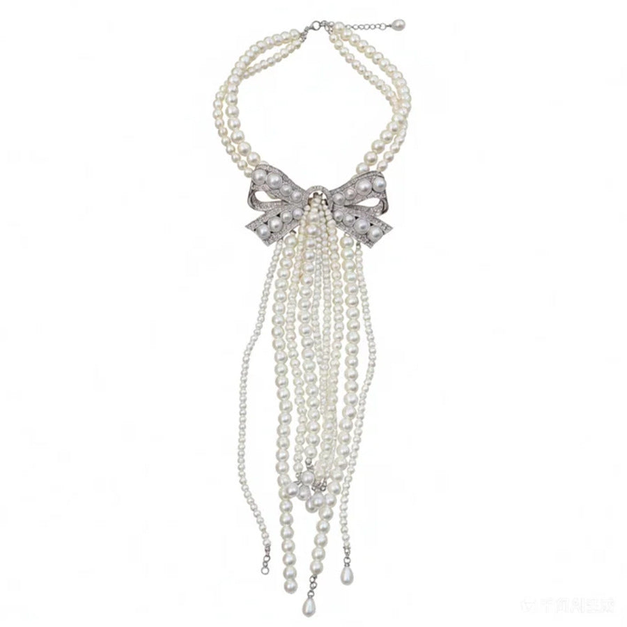 Women's Rhinestone Pearl Beaded Bow Tassel French Refined Grace Clavicle Chain Necklace
