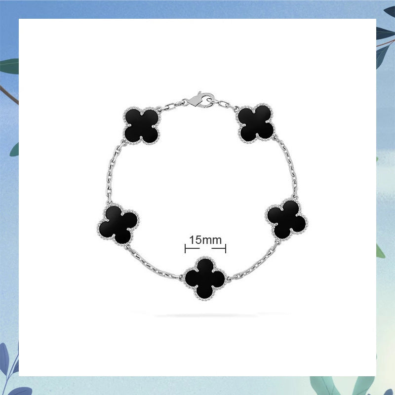 Women's Four-leaf Clover Rose Gold Red Agate Black White Shell Flower Bracelet