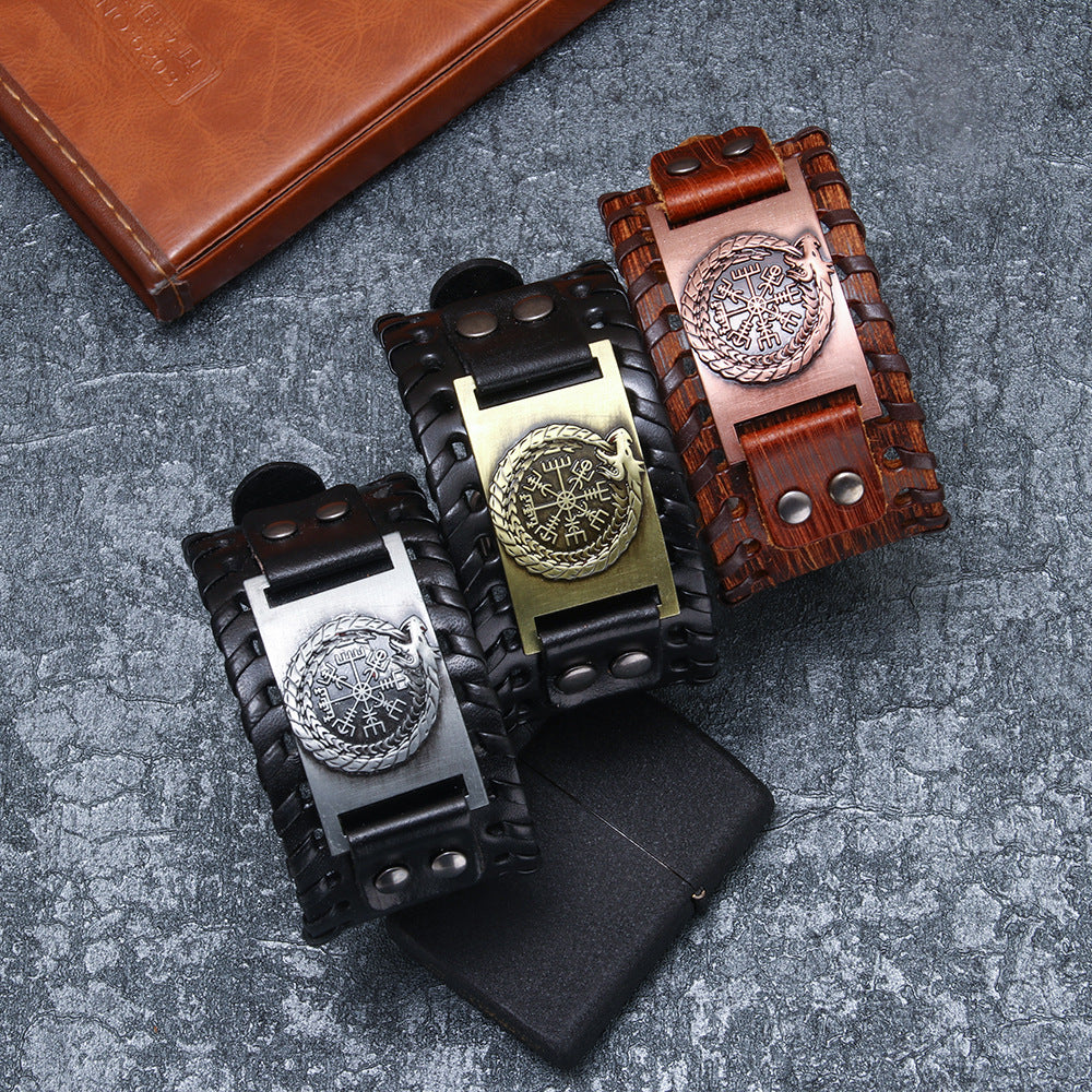 Leather Chinese Dragon Vintage Compass Pirate Bracelet