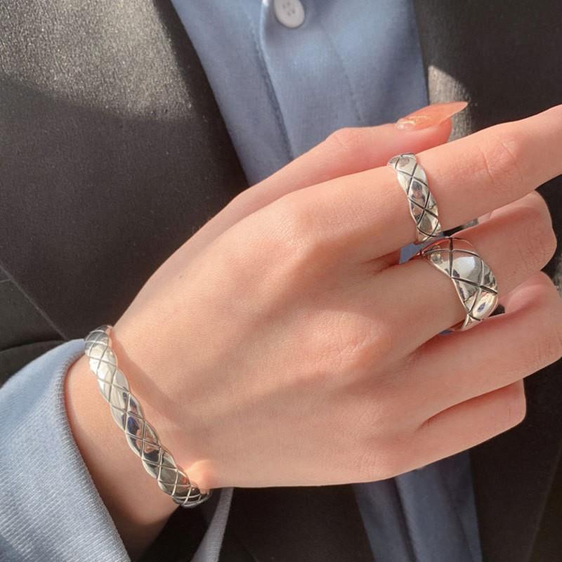 Sier Thick Thin Diamond Plaid Open Female Light Luxury Minority Ring
