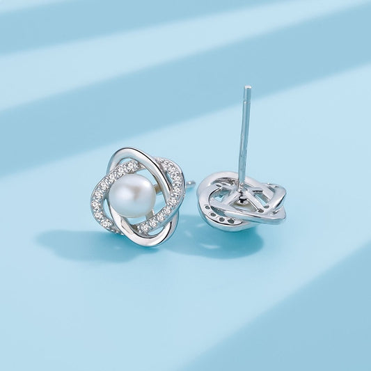 Sterling Sier Natural Pearl Four Leaf Clover Ear Elegant High Stud Earrings