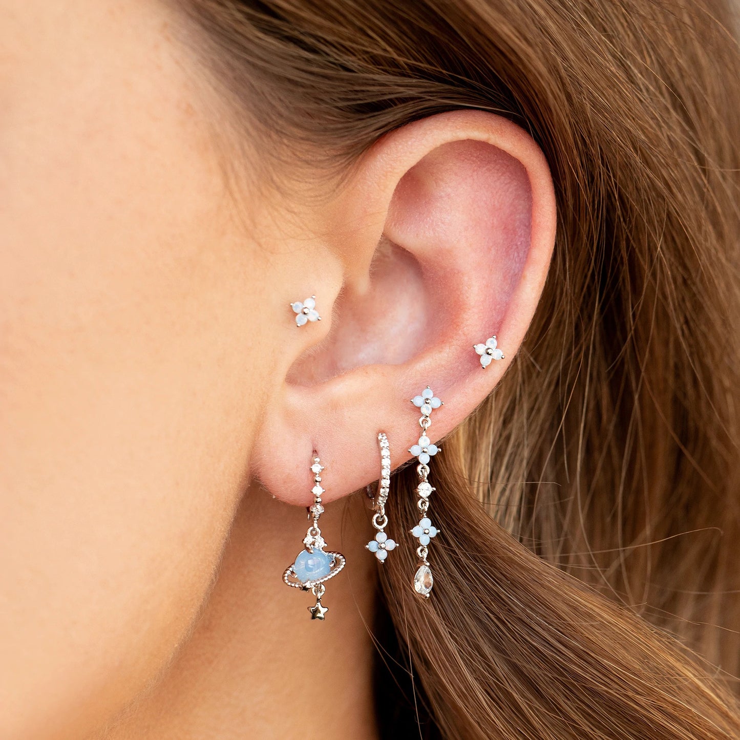 Mori Style Blue Protein Flower Tassel Stud Earrings