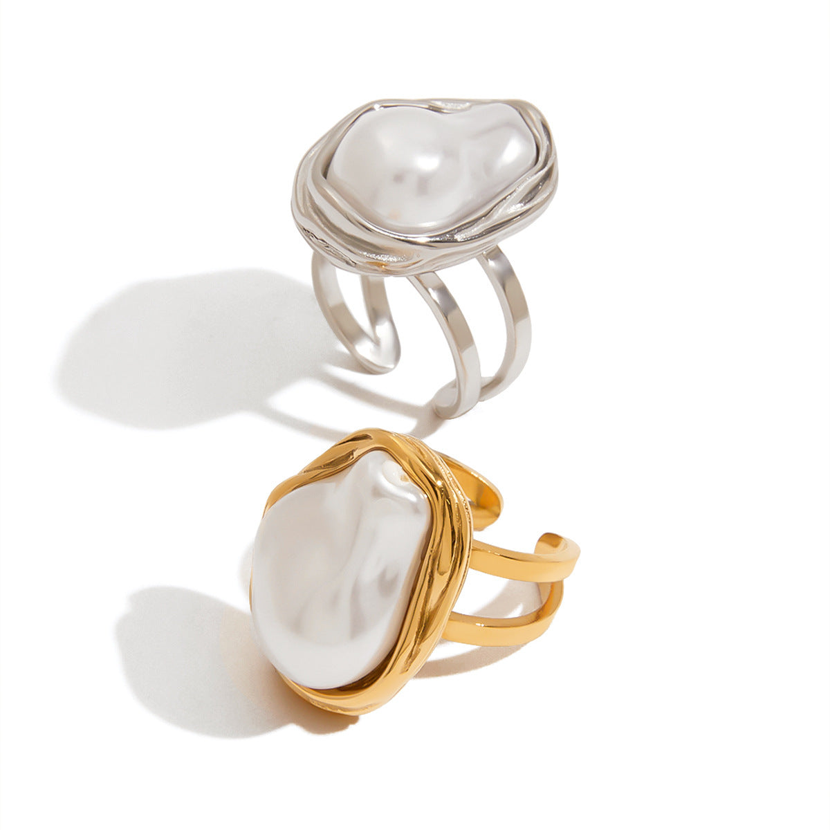 Gold Stainless Steel Baroque Open-end Pearl Female Ring