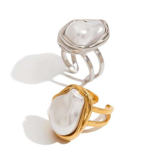 Gold Stainless Steel Baroque Open-end Pearl Female Ring