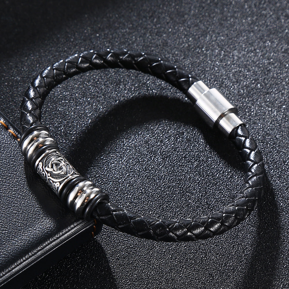 Men's Retro Leather Personality Woven Stainless Steel Magnetic Bracelet