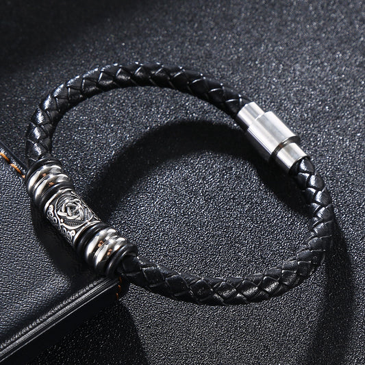 Men's Retro Leather Personality Woven Stainless Steel Magnetic Bracelet