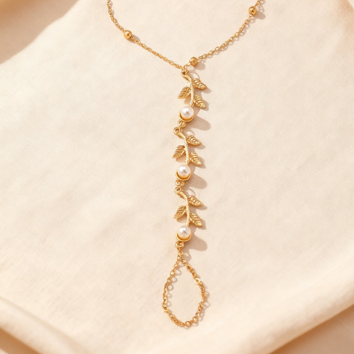 Leaves With Imitation Pearl Ornamental Tassel Bridal Bracelet