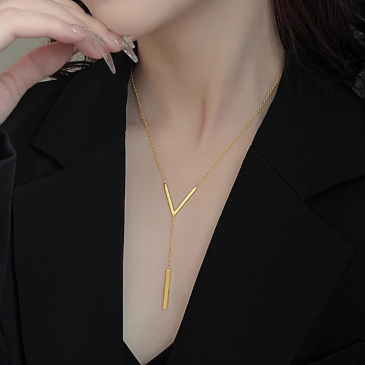 Sweater Chain Ladies Clavicle Simple Fashion V-shaped Letter Titanium Steel Necklace