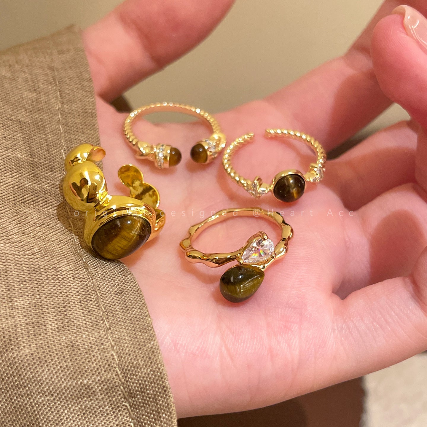 Vintage Gold Tigereye Light Luxury High Sense Opening Design Index Rings