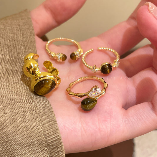 Vintage Gold Tigereye Light Luxury High Sense Opening Design Index Rings