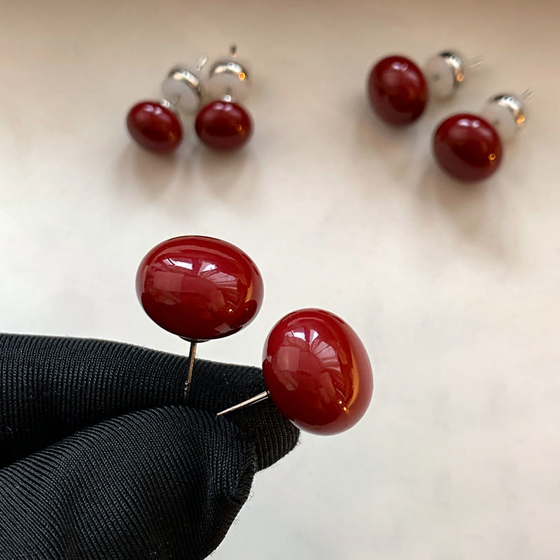 Women's Needle Wine Red Cherry Bean-shaped Light Earrings