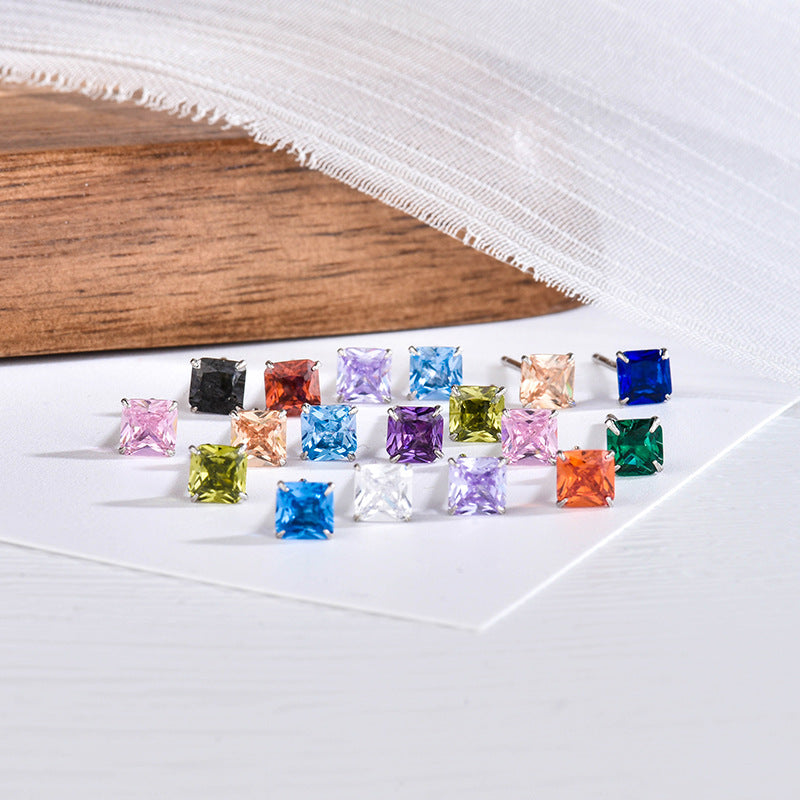 Sier Square Chinese Simple Fashion Zircon Stud Earrings