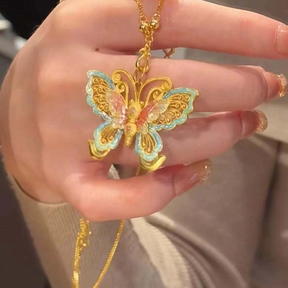 Golden Colorful Butterfly Female Niche National Style Trendy Light Necklaces