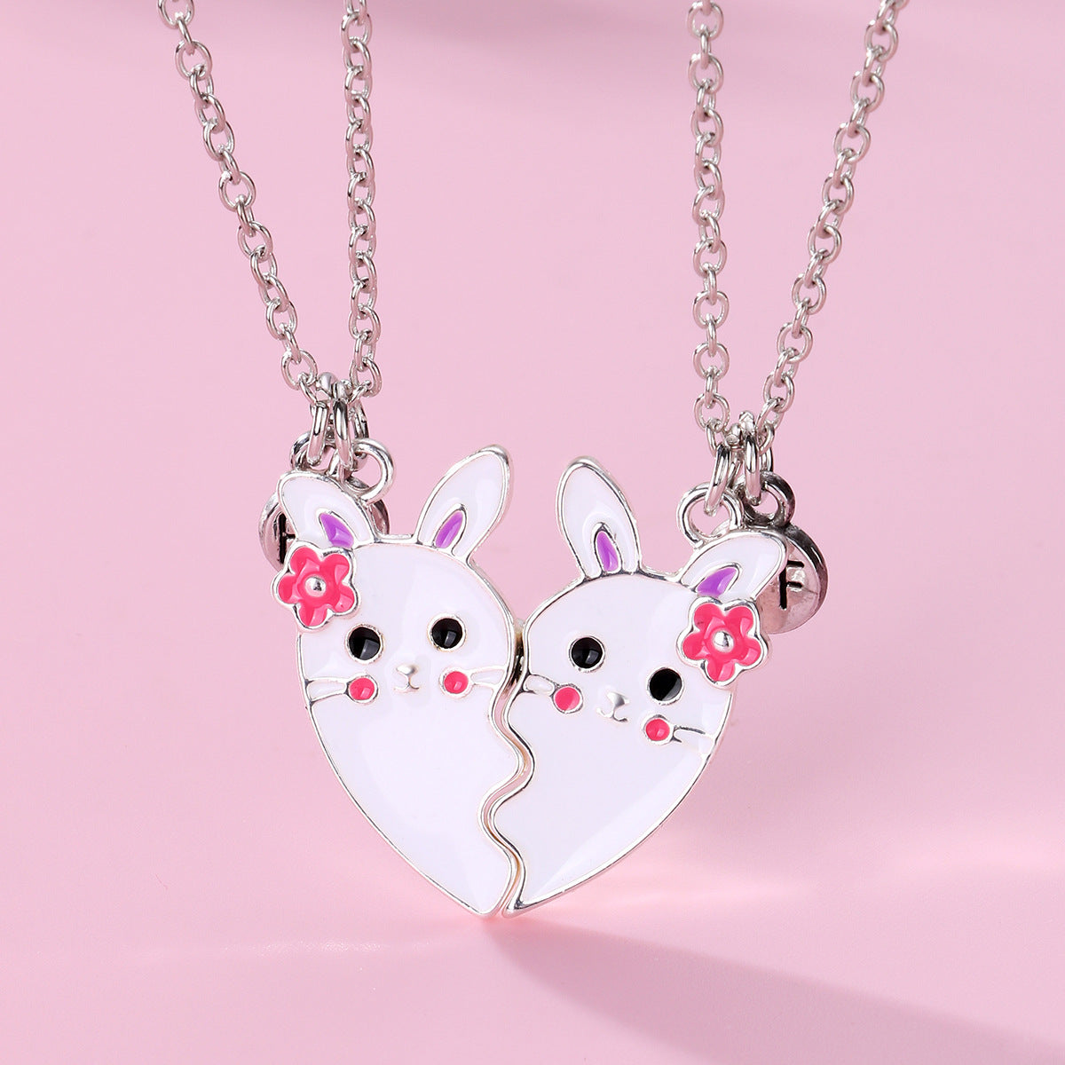 Children's Rabbit Cartoon Good Friends Heart-shaped Alloy Dripping Necklaces