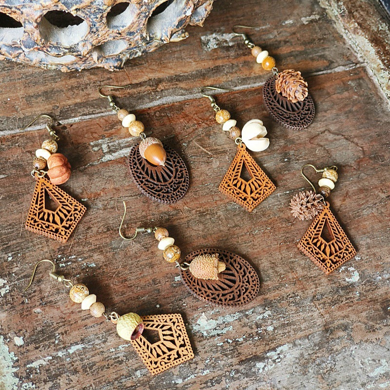 Style Retro Minority Mori Bohemian Indian Wandering Hollow Wood Grain Earrings