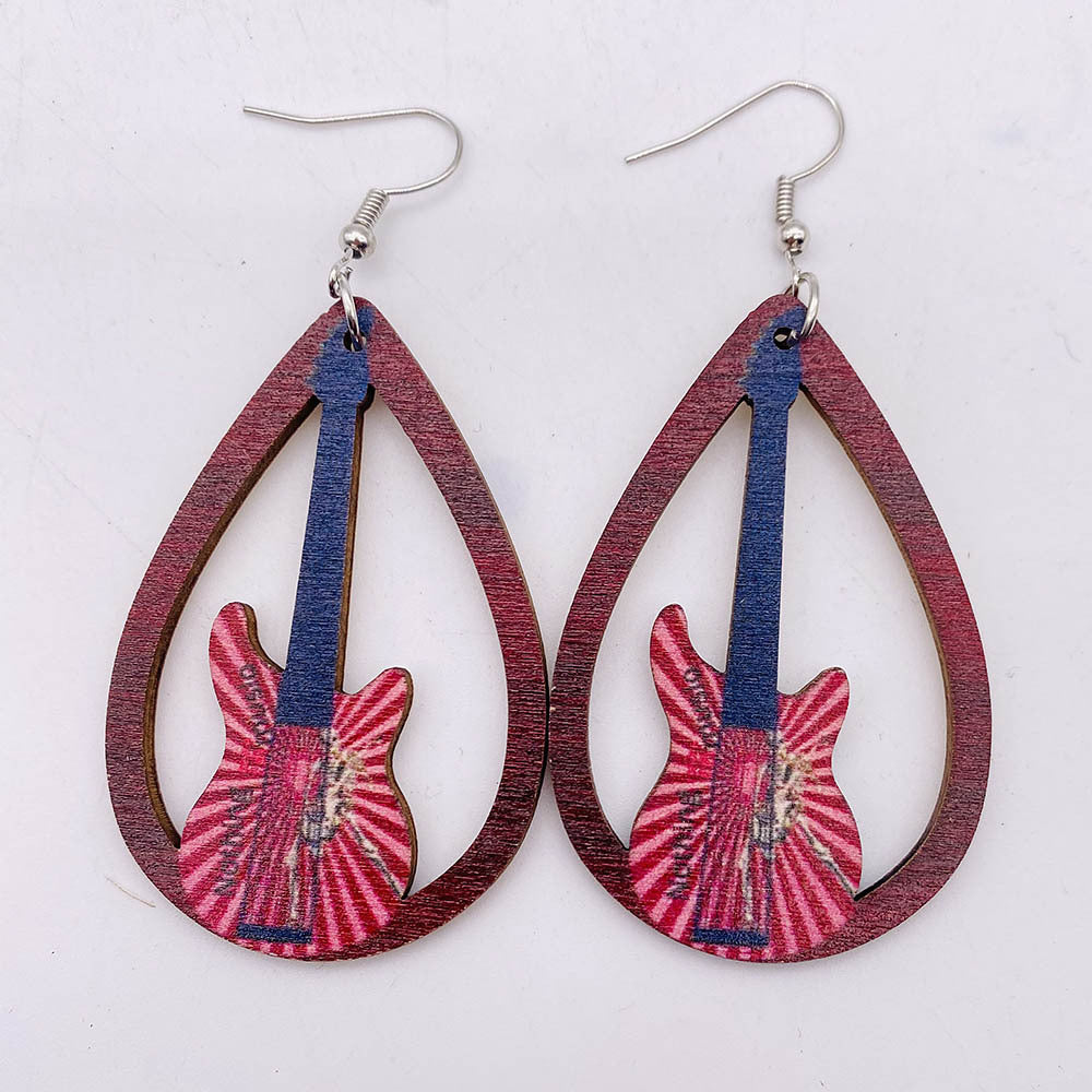Hollow Out Guitar Wooden Fashion Musical Instrument Earrings