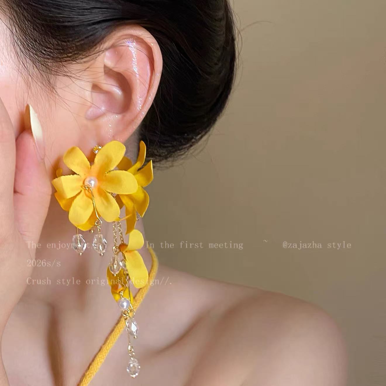 Women's Bright Holiday Super Fairy Yellow Flower Tassel Seaside Atmosphere Rings