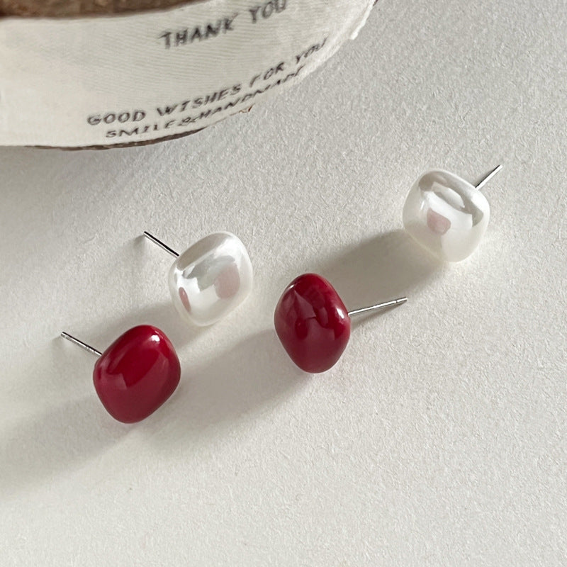 Women's Sier Square Pearl Simple Design Sweet Earrings