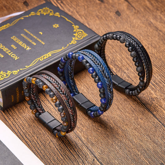 Men's Natural Tigereye Beaded Hand-woven Leather Bracelets