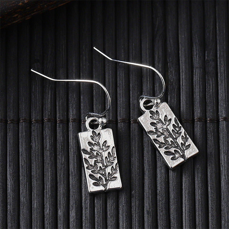 Fashionable Retro Ancient Sier Leaf Square Simple Earrings