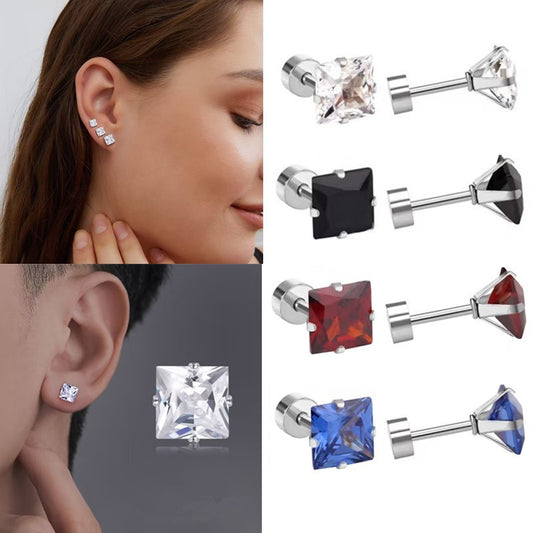 Steel White Round Crystal Square Zircon Cake Earrings