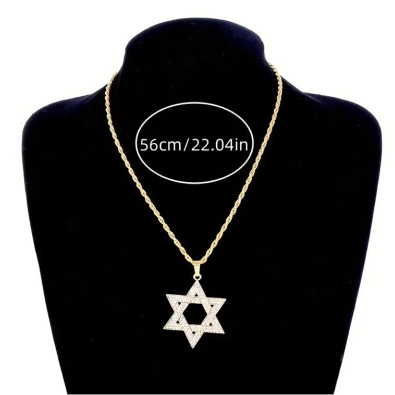 Men's Stainless Steel Full Diamond Hip Hop Six-pointed Star Trendy Fashion Necklace