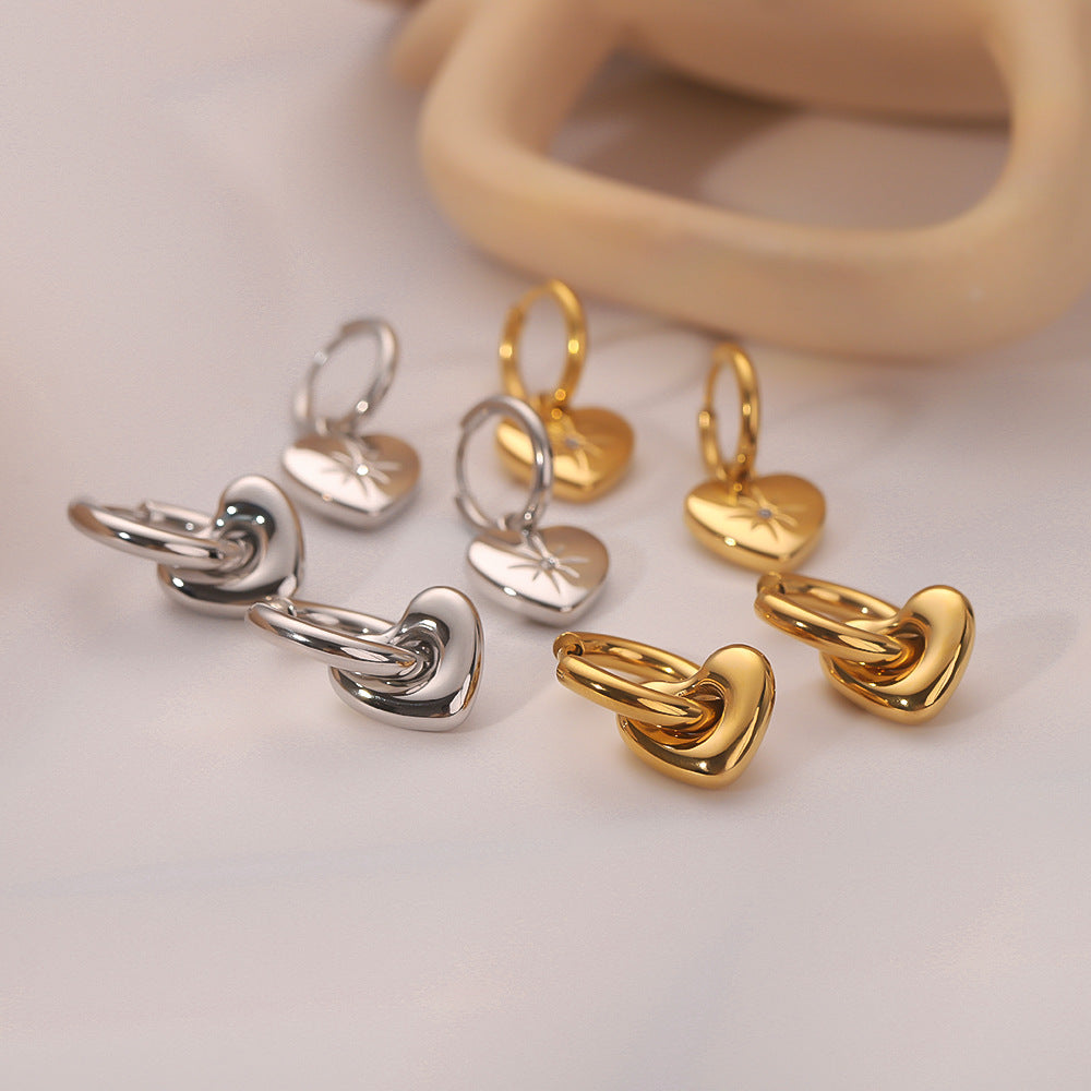 Stainless Steel Heart-shaped Gold Rhinestone Zircon Earrings