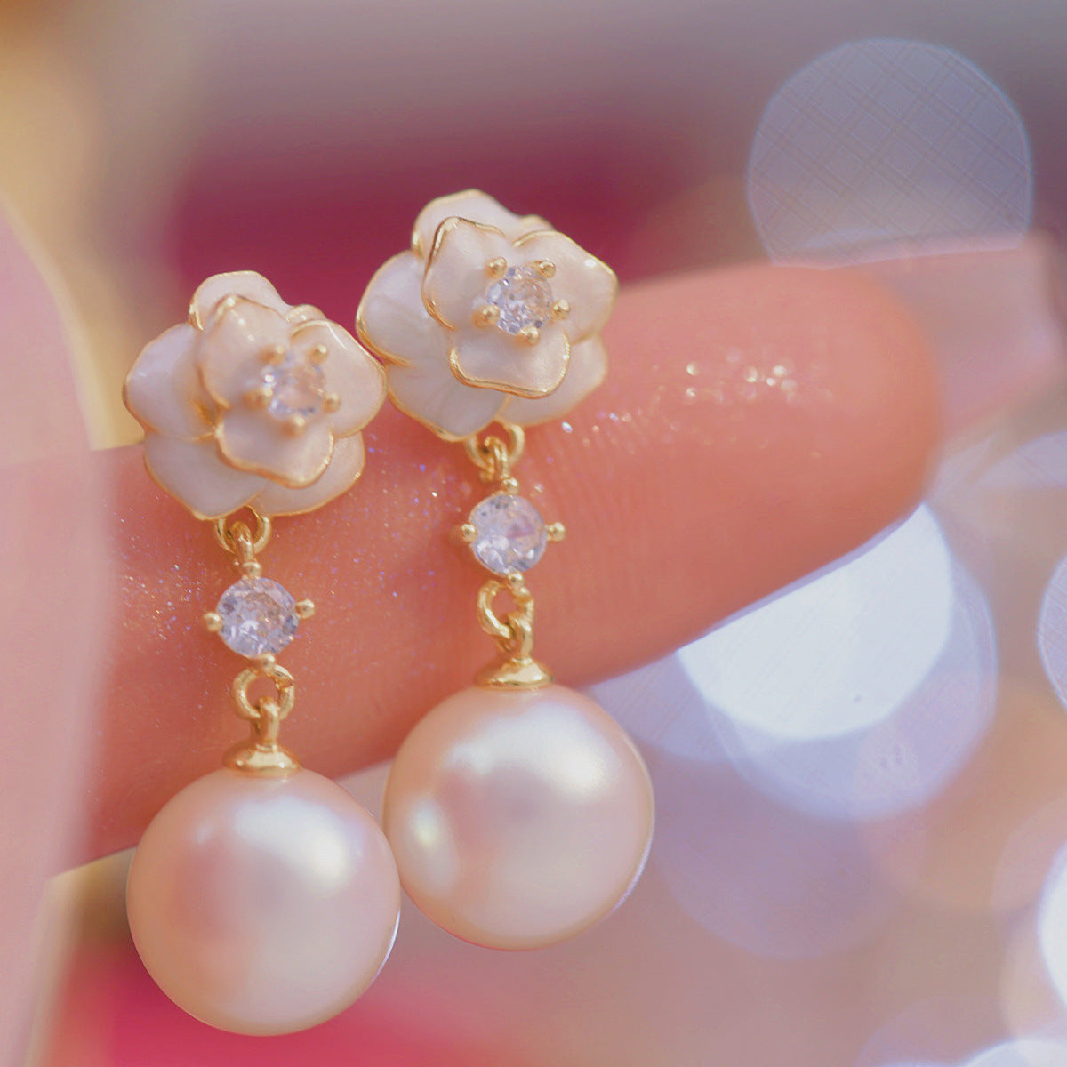 Sense Camellia Drip Glazed Pearl Refined Zircon Long Pink Mosquito Rings