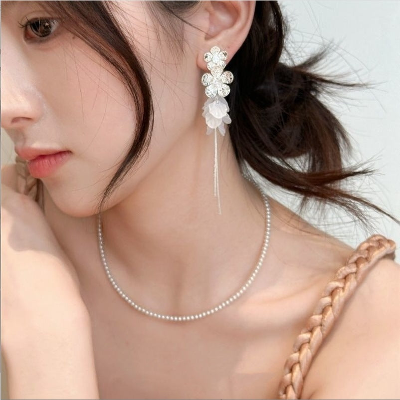 Women's Fairy Sier Flower Shell Tassel High-grade Seaside Vacation Style Ear Stud Earrings