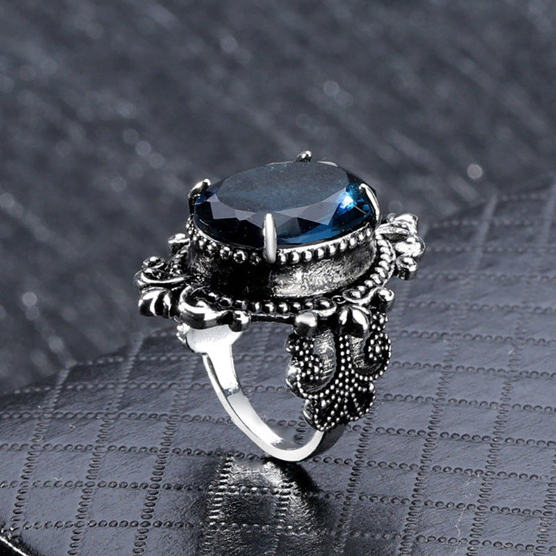 Blue Topaz Vintage Thai Sier Goose Egg-shaped Ring