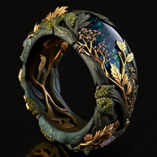 Gilding Craft Vintage Light Luxury High-grade Inlaid Malachite Branch Rattan Ring