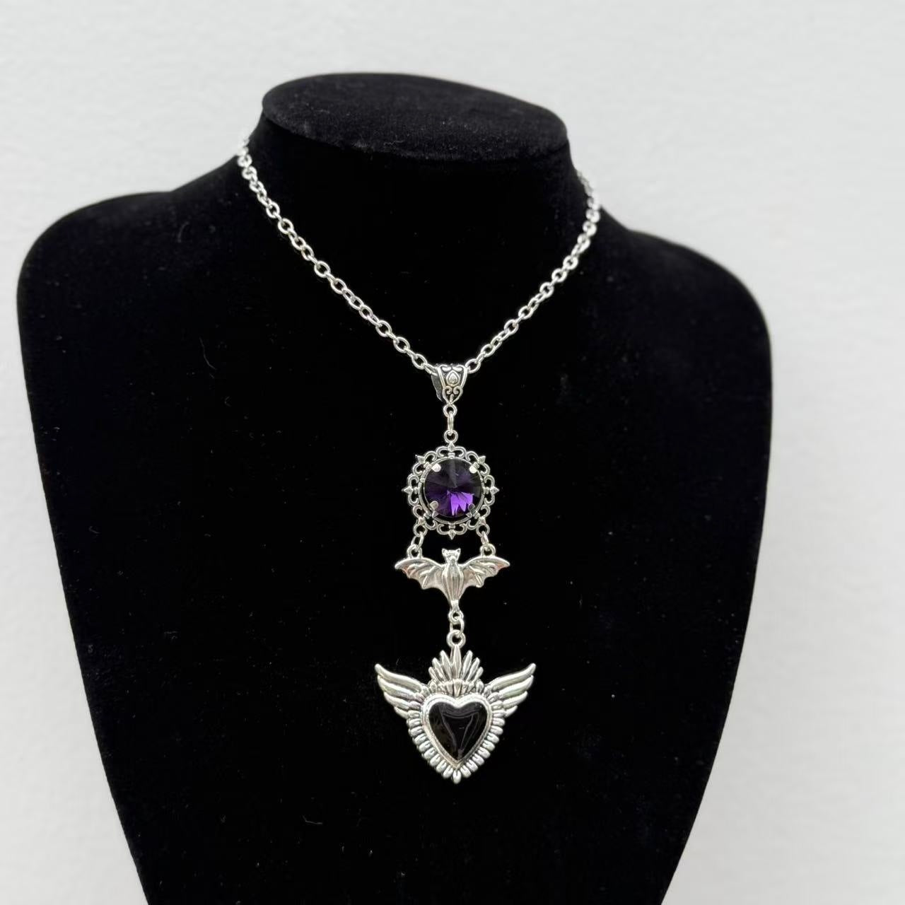 Dark Retro Black Love Wings Purple Gem Necklace