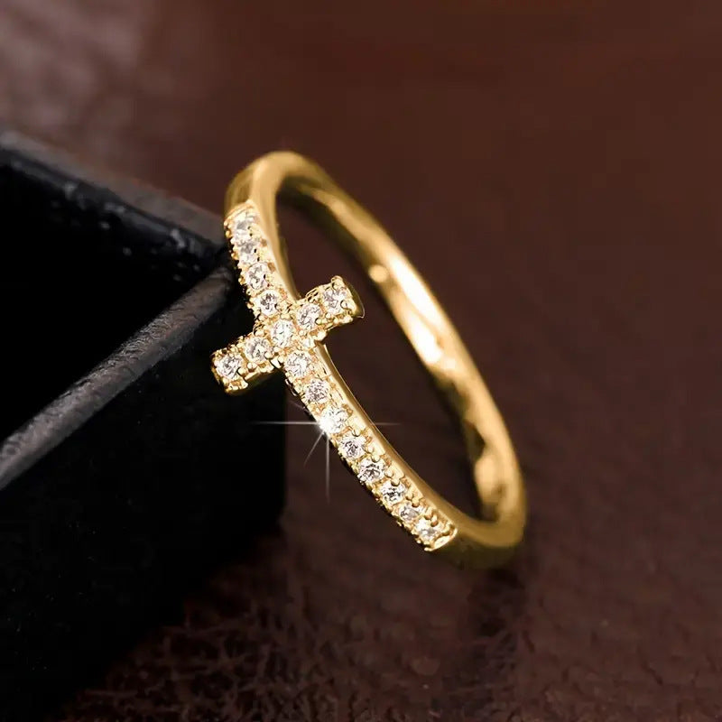 Cross Light Luxury Personality Minimalist Style Gold Inlaid Zircon Rings