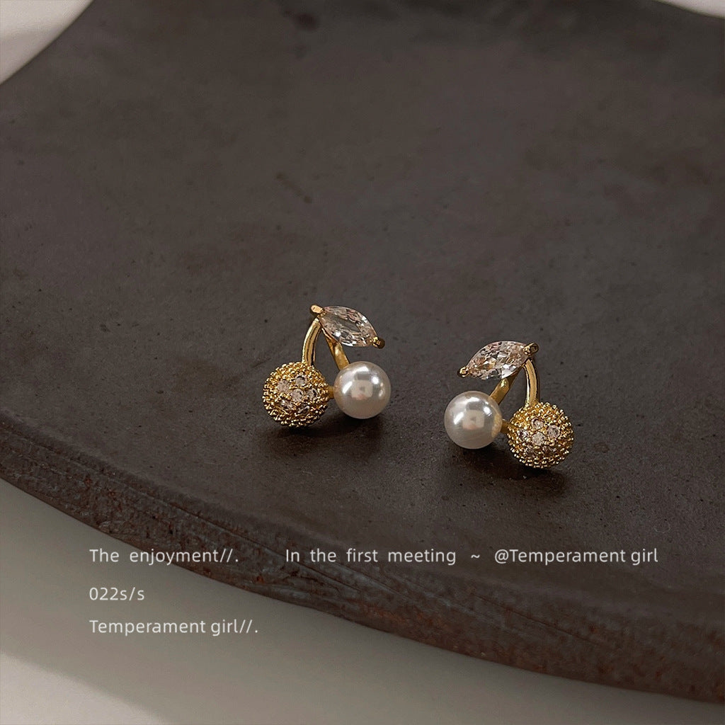 Women's Cherry Sweet French Style Design Fruit Pearl Earrings
