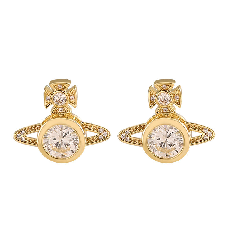 Full Rhinestone Zircon Queen Mother Saturn Light Luxury Simplicity Stud Earrings