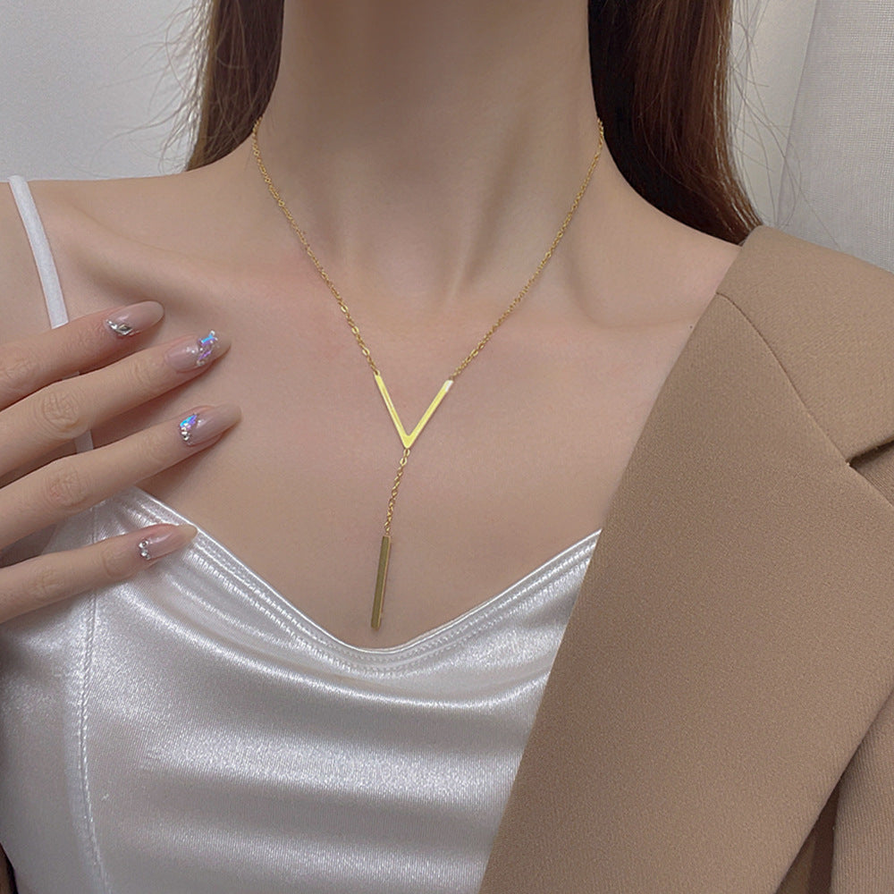 Sweater Chain Ladies Clavicle Simple Fashion V-shaped Letter Titanium Steel Necklace
