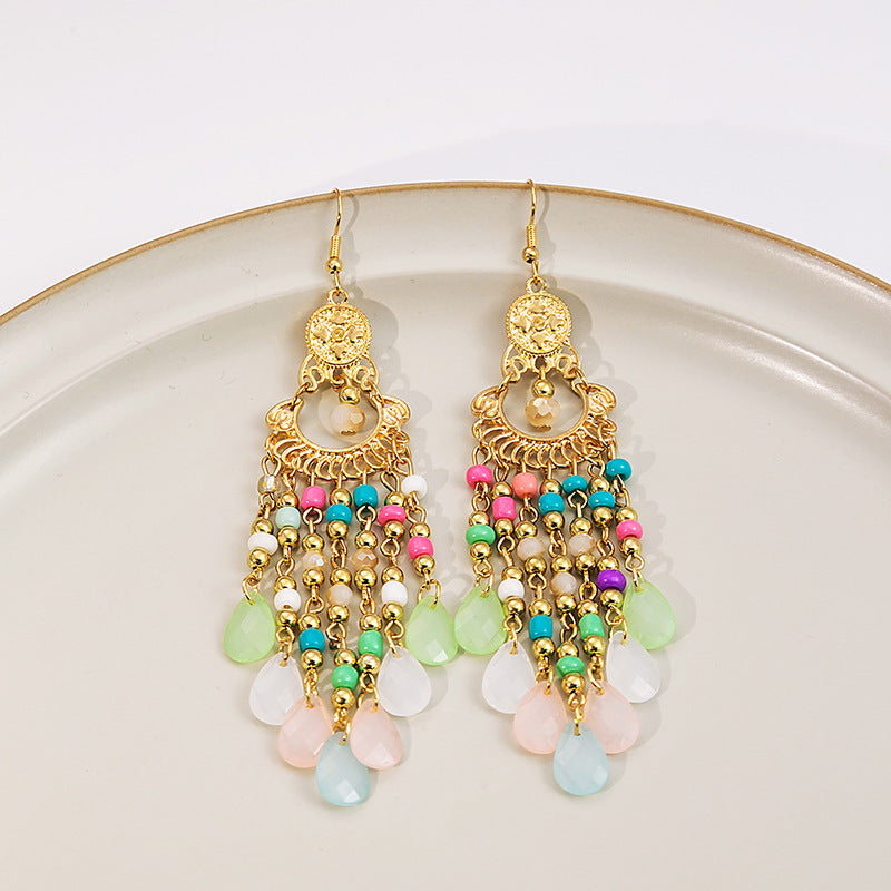Bead Retro Ethnic Style Colorful Water Drop Tassel Hollow Earrings
