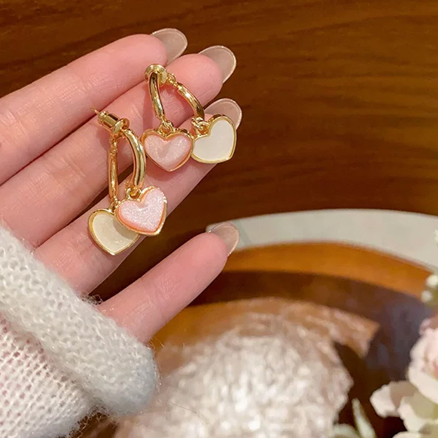 Sweet Elegant Pink White Love Heart Stud Earrings