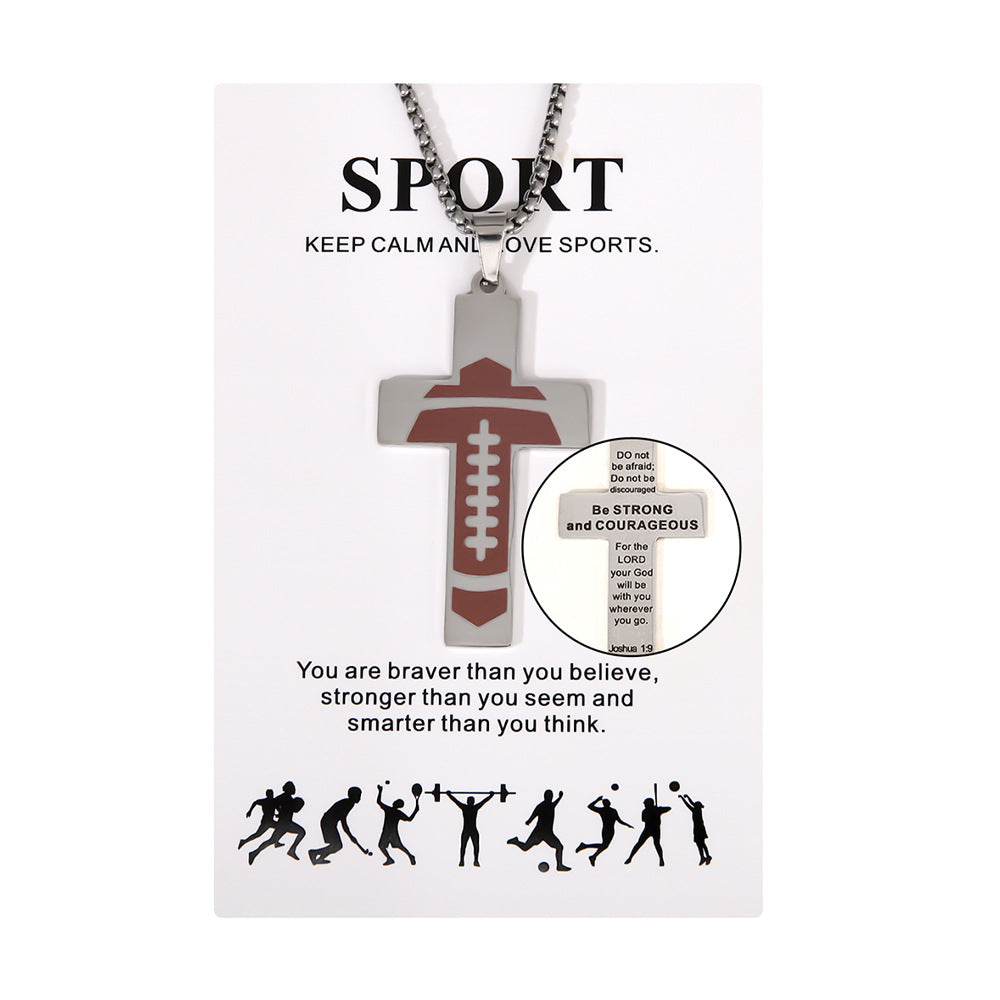 Football Stainless Steel Cross Inscription Sports Necklaces