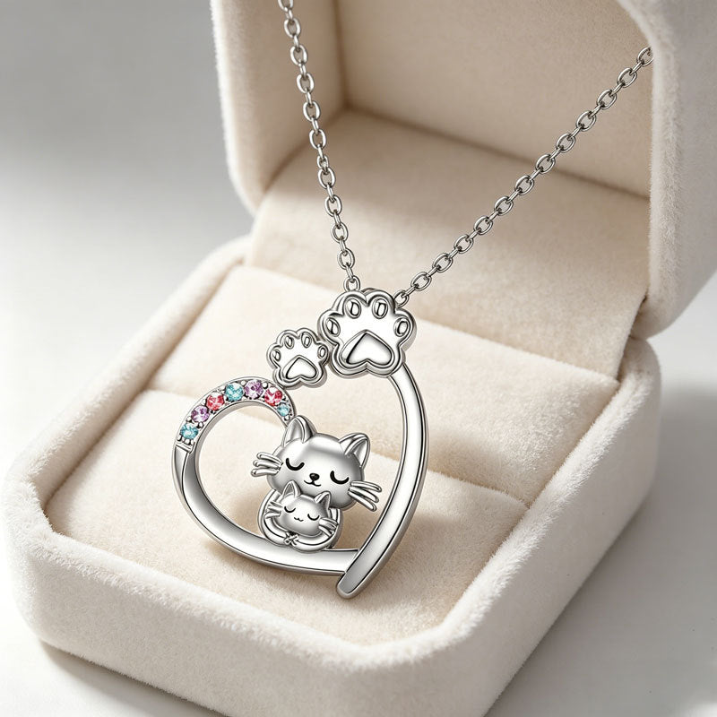 Kitty Cat's Paw Heart-shaped Colorful Crystals To Give Mom Mother's Necklace