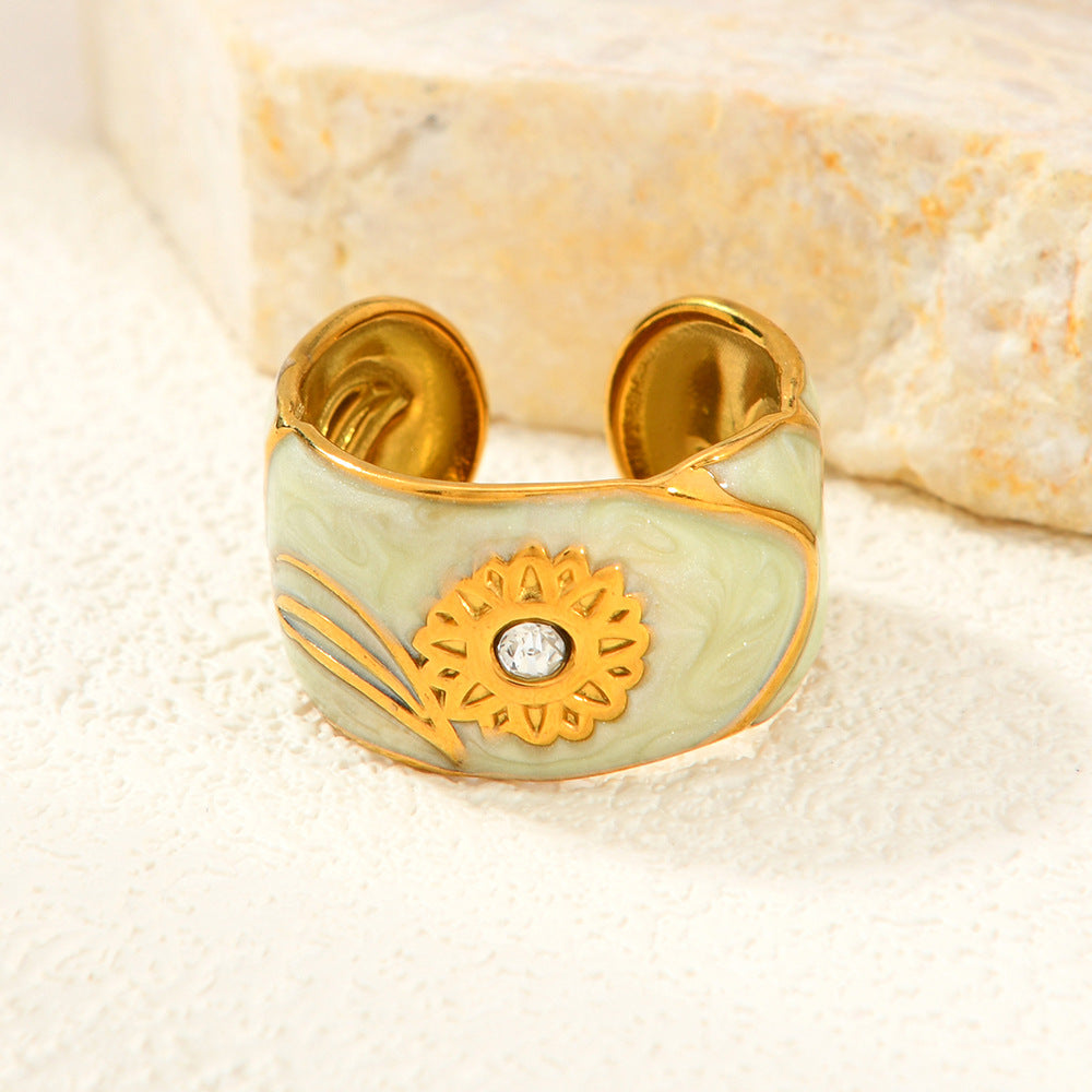 Oil Dripping Diamond Sunflower Open Personality Rings