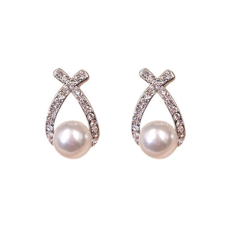Women's Sier Needle Korean Style Fashion Geometry Pattern Cross Pearl Shining Earrings