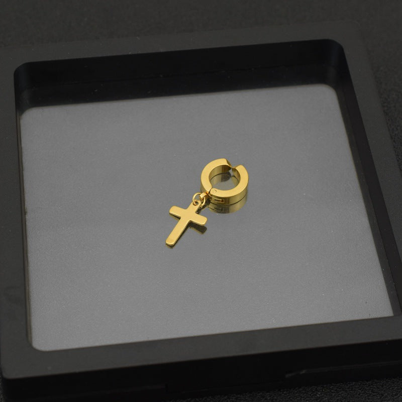 Round Flat Cross Diamond Titanium Steel Ear Rings