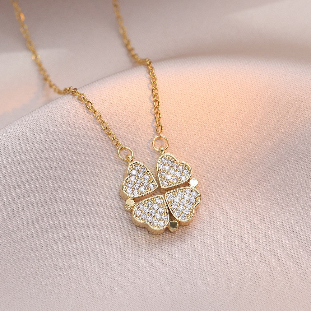 Women's Steel Cross Chain Open Close Four-leaf Flower Necklace
