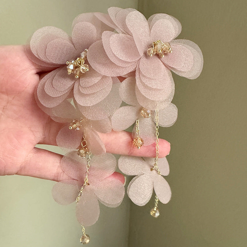 High-grade Tulle Flower Beaded Petals Tassel Long Exquisite Beautiful Temperament Earrings