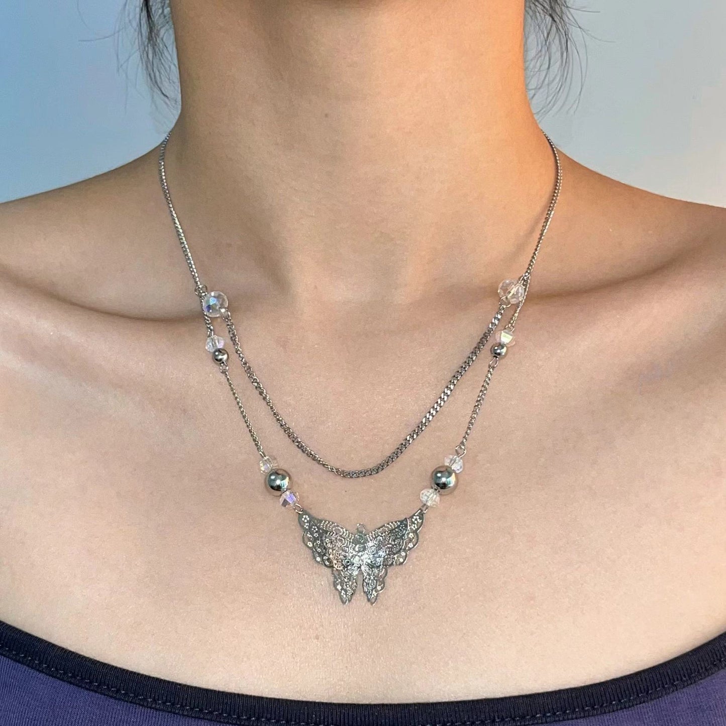 Women's Hollow Butterfly Ceramic Beaded Retro Ethnic Style Long Necklace