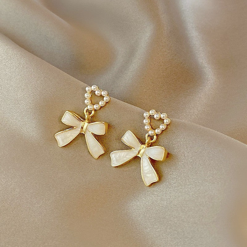 Women's Bow Enamel Trendy Design All Match Pearl Stud Earrings